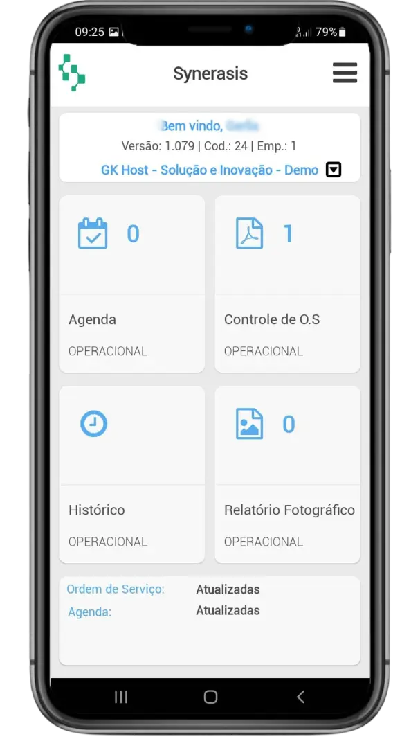 Interface do aplicativo Synerasis mostrando lista de ordens de serviço offline para técnicos de campo