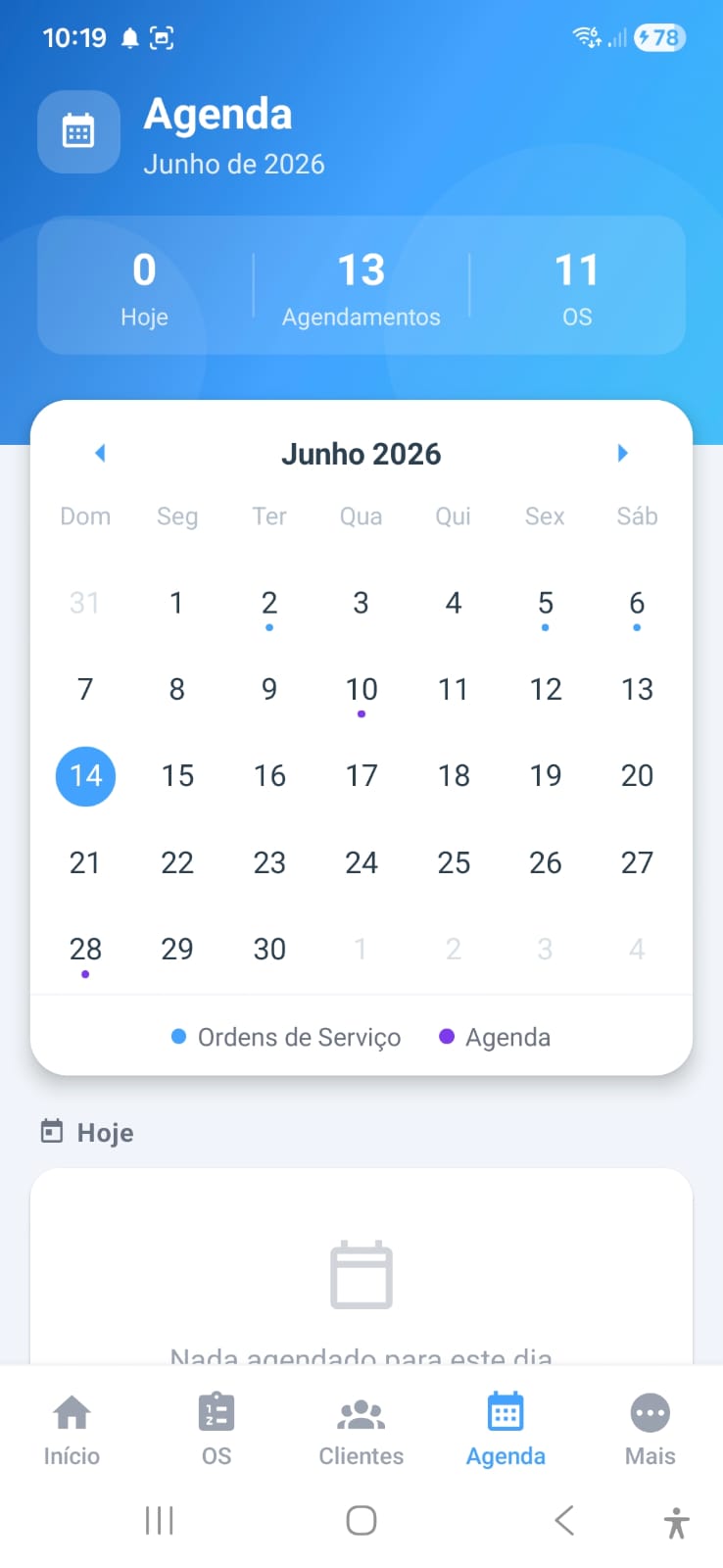 Agenda mensal do app Synerasis com ordens de serviço e agendamentos