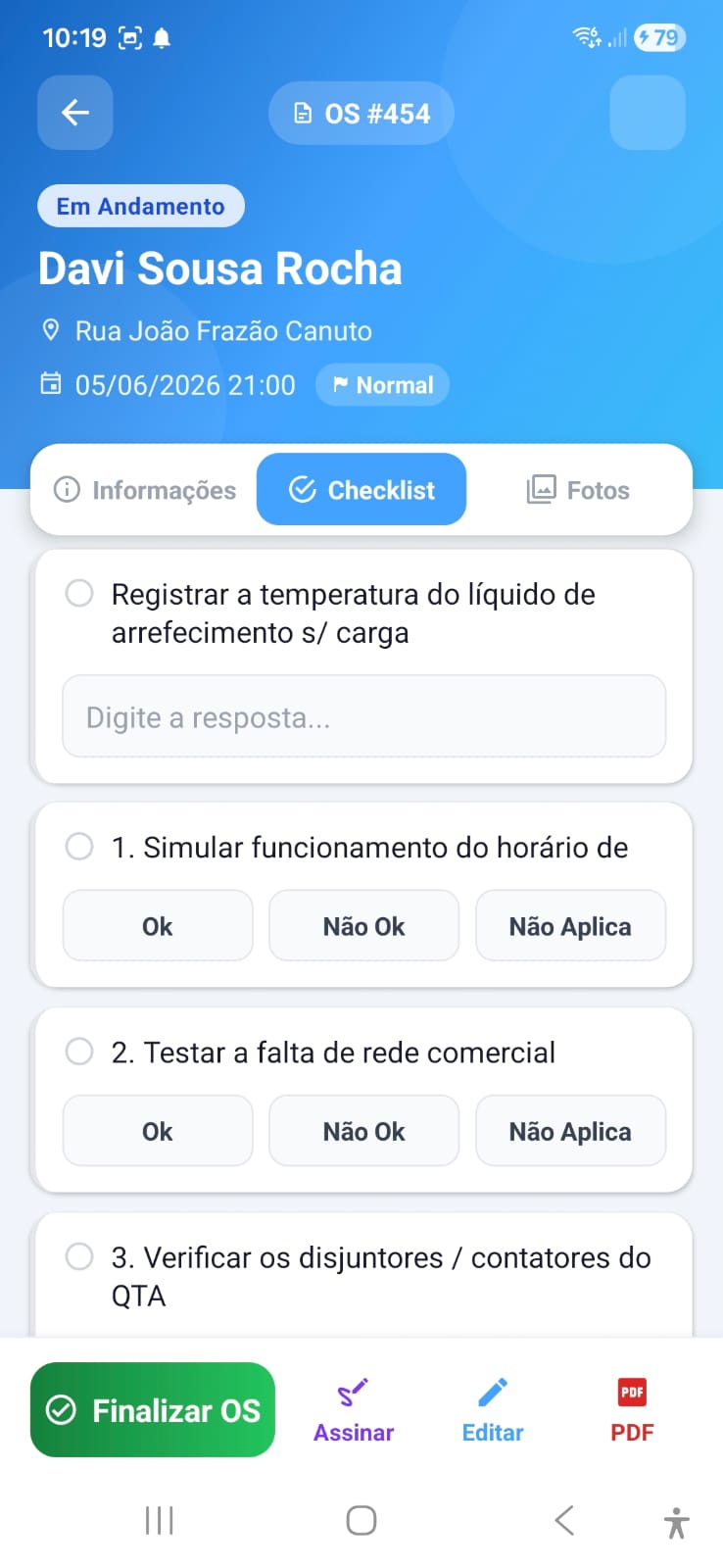 Checklist digital de ordem de serviço com respostas Ok, Não Ok e Não Aplica