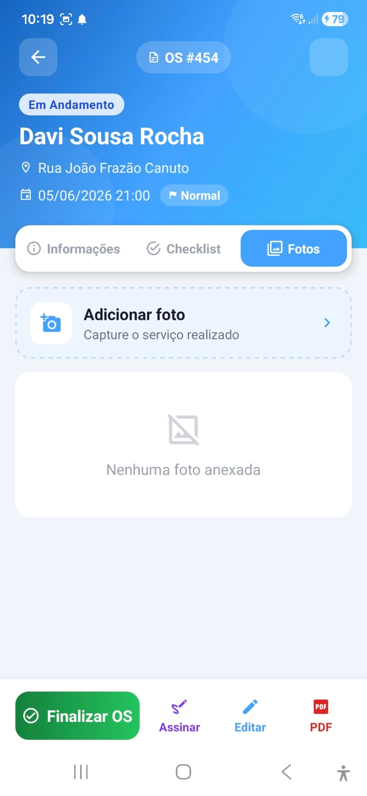 Tela de fotos da ordem de serviço com opções para assinar, finalizar e gerar PDF