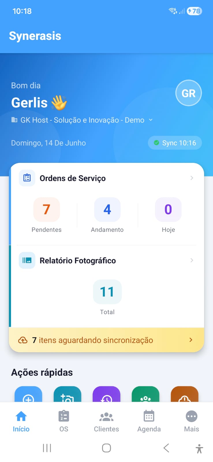 Tela inicial do app Synerasis com painel de ordens de serviço pendentes, em andamento e status de sincronização