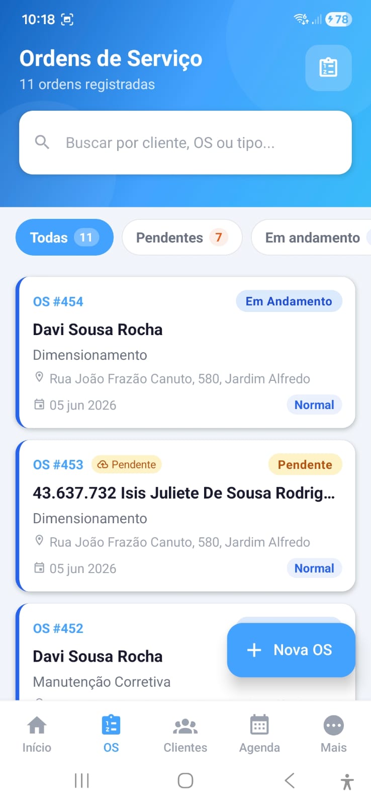 Lista de Ordens de Serviço no app Synerasis com busca e filtros por status