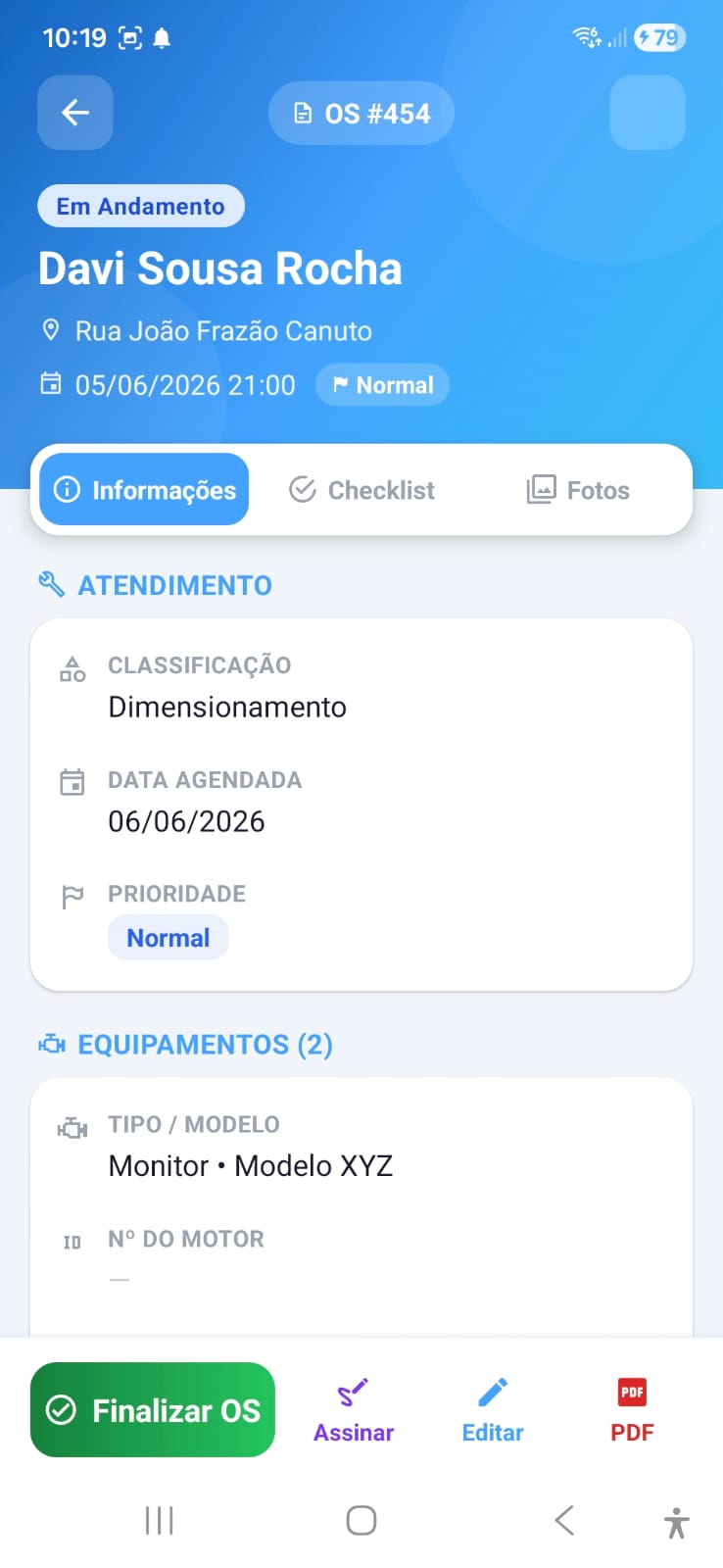 Detalhes da ordem de serviço com classificação, prioridade e equipamentos vinculados